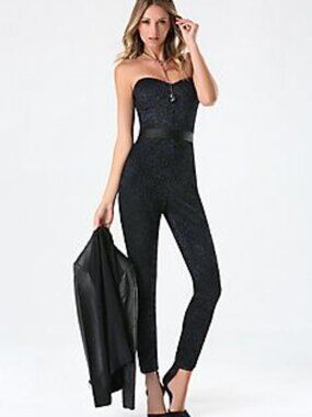 Bebe Black Lace Strapless Catsuit Tuxedo Jumpsuit Satin Detail Size Small